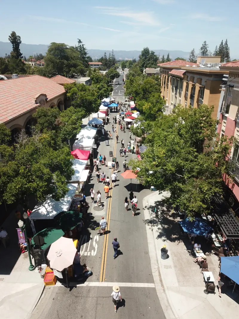 Aerial view of the Campbell farmers market on Campbell Avenue